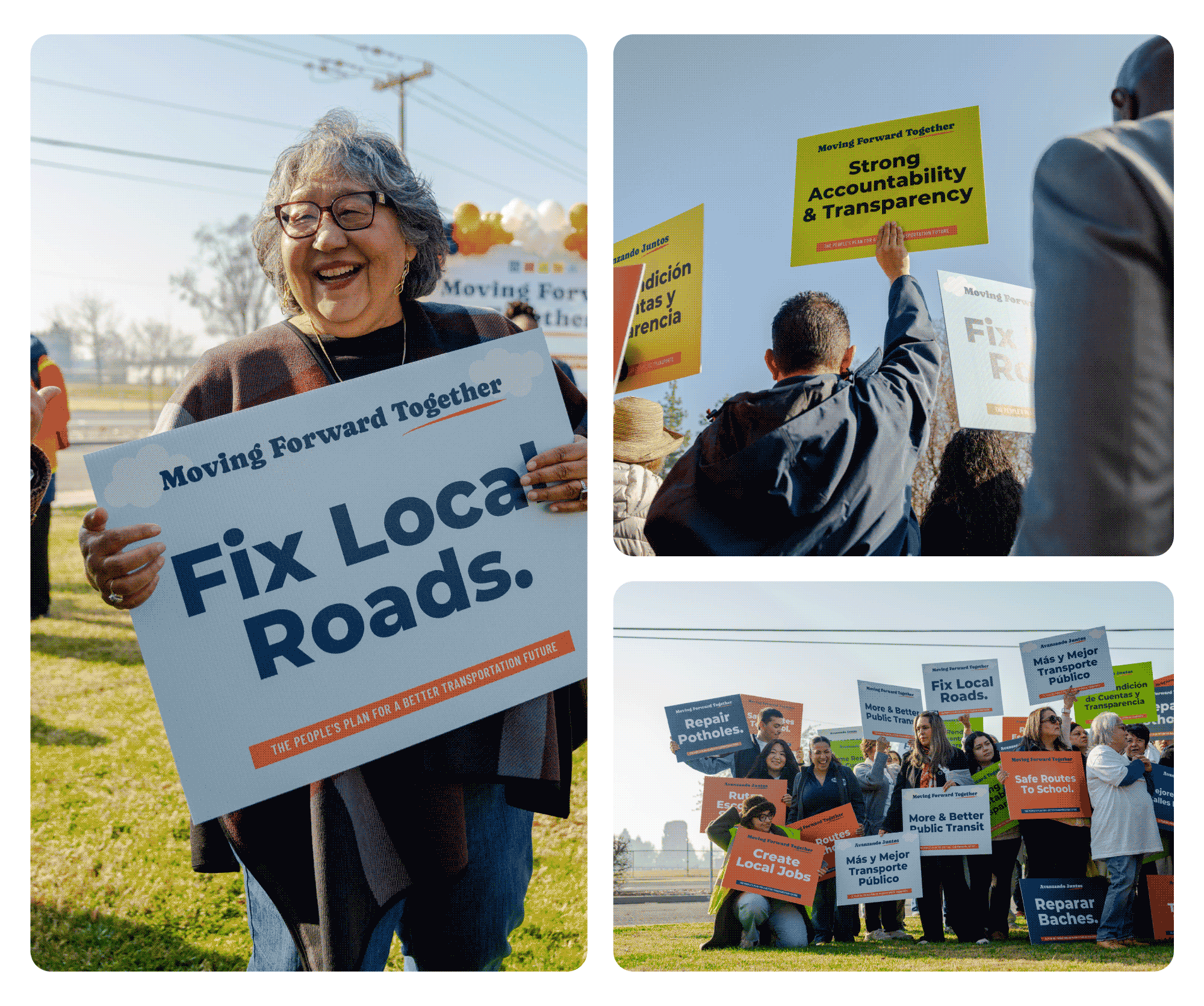 Crowd of Fresno County residents gathered to advocate for the Fresno County Transportation Improvement Act with signs that read "Fix Local Roads", "Strong Accountability & Transparancy"