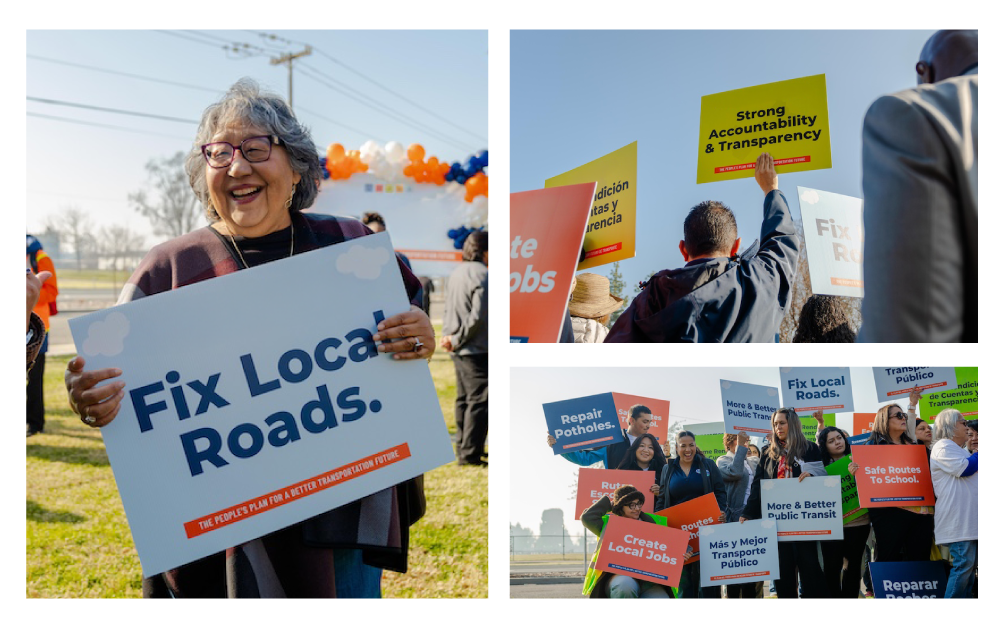 Crowd of Fresno County residents gathered to advocate for the Fresno County Transportation Improvement Act with signs that read "Fix Local Roads", "Strong Accountability & Transparancy"