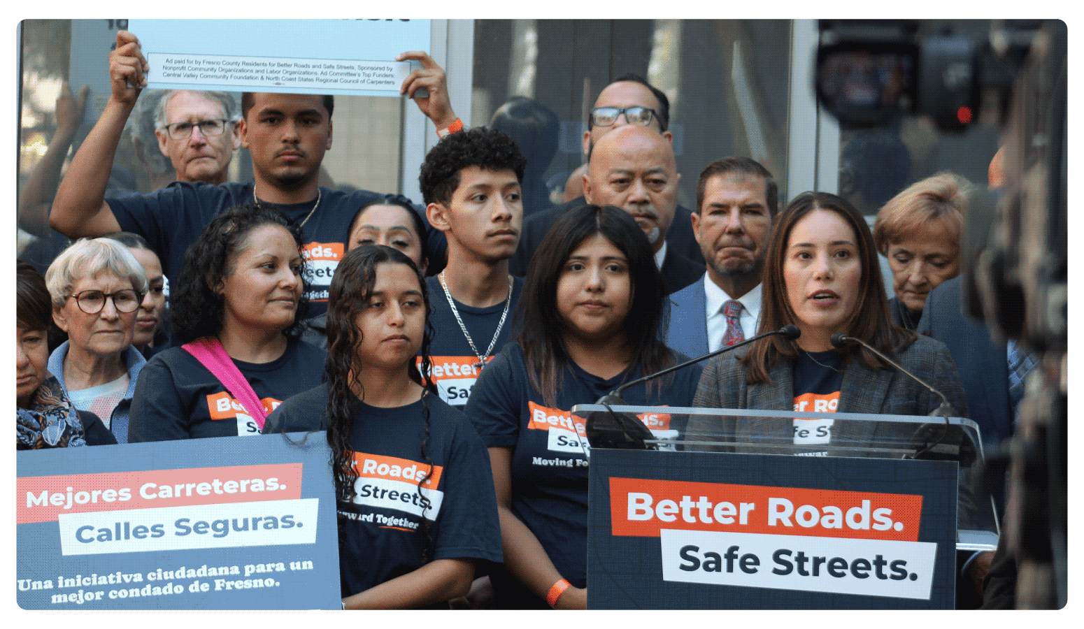 Veronica Garibay speaking to public during press event announcing the submission of over 32,000 signatures to advance Better Roads Safe Streets transportation measure toward November ballot