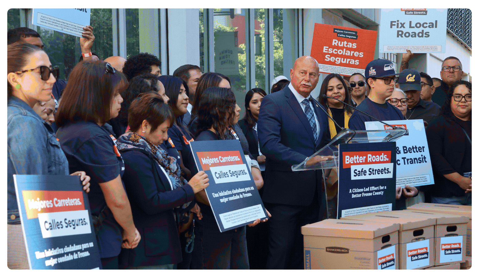 Mayor of Fresno Jerry Dyer speaking to public during press event announcing the submission of over 32,000 signatures to advance Better Roads Safe Streets transportation measure toward November ballot