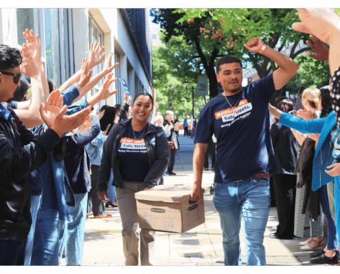 Fresno BHC Staff walk one of fifteen boxes comprising of the 32,000 signatures collected by Better Roads, Safe Streets to advance the Better Roads, Safe Streets transportation measure